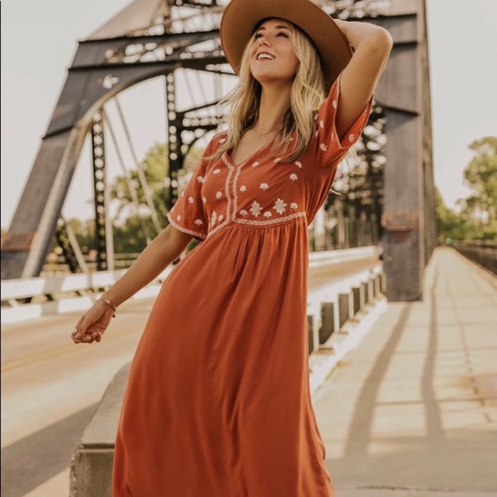 Roolee rust colored embroidered maxi dress. Never worn. Size medium.